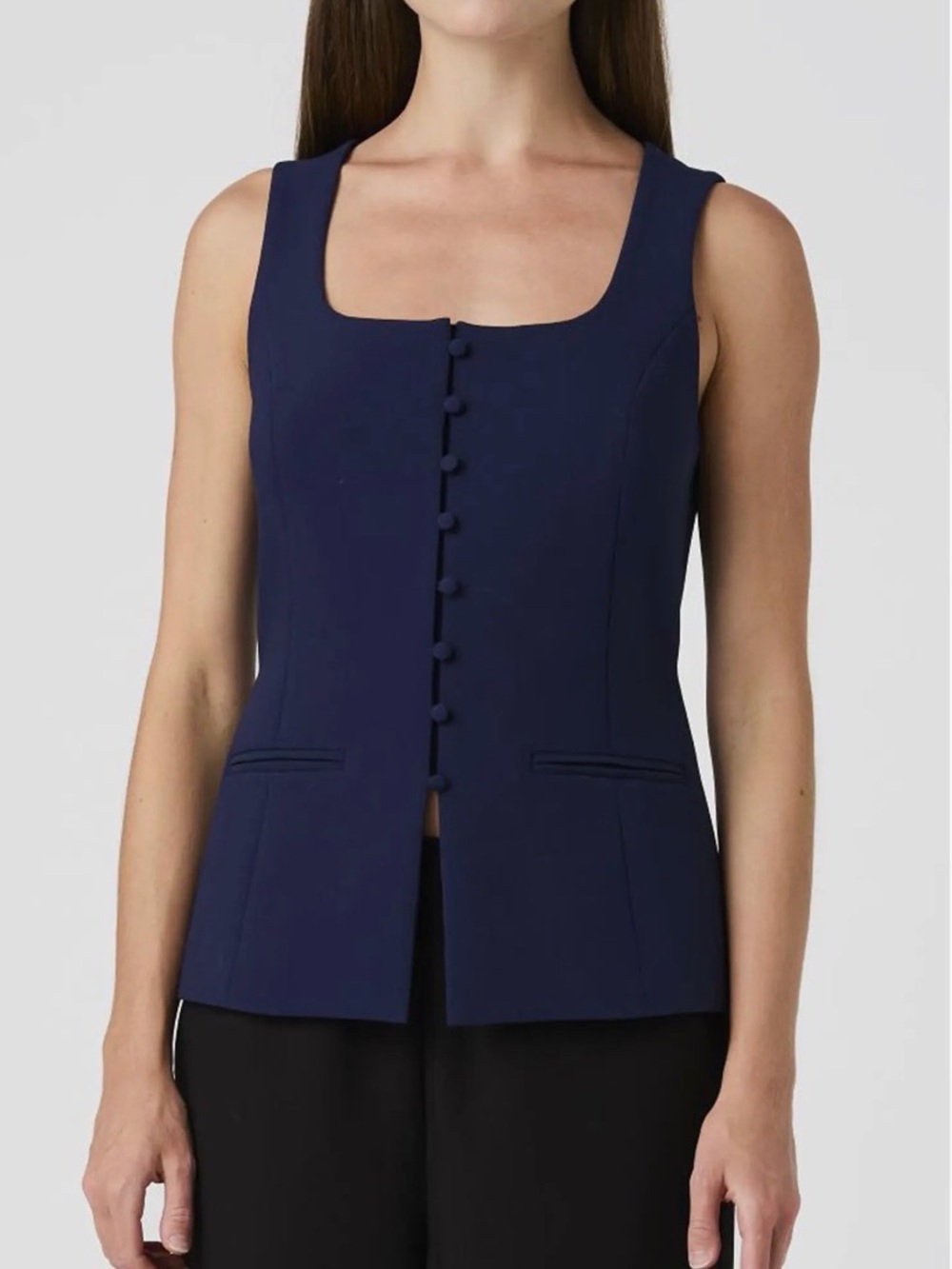 Navy Square-Neck Button Front Vest Top
